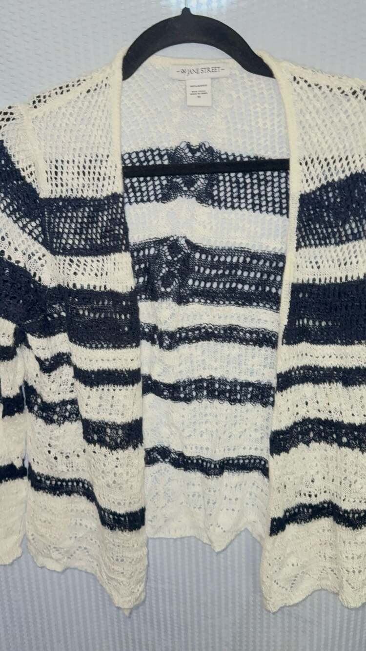 99 Jane Street Black and White Striped Open Knit Crochet Cardigan